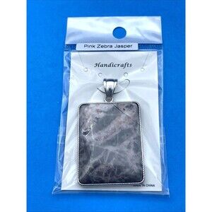 Vintage Pink Zebra Jasper Pendant in Original Package Silver Tone Rectangle